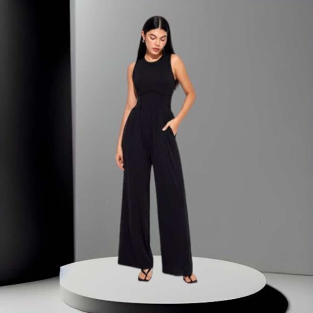 Cider Tiktok Viral Black Solid Sleeveless Wide Leg Jumpsuit Size 0X NWT #1053
